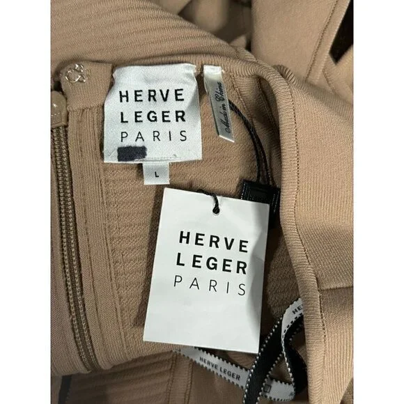 HERVE LEGER Ottoman Cutout Long Sleeve Minidress Fawn Womens Size Large - Picture 10 of 13